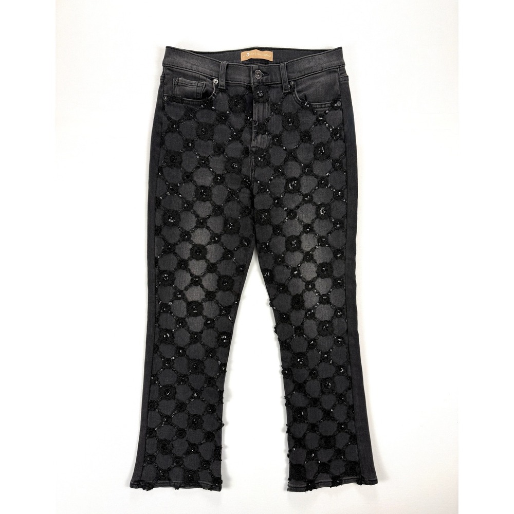 7 For All Mankind Luxe Vintage Slim Kick Jeans 27 Black Floral Sequin Crop #3013